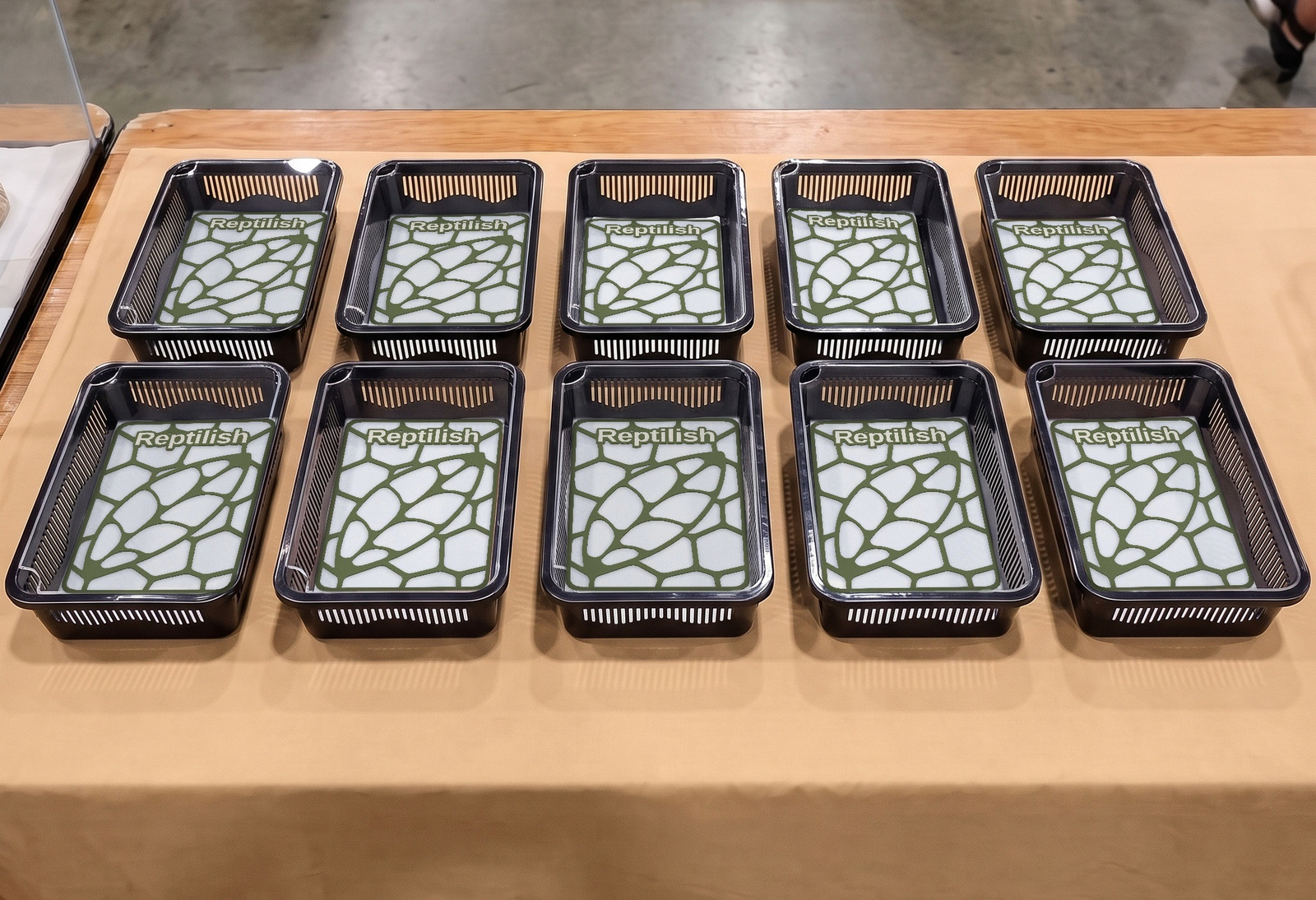 爬虫類イベントの展示テーブルに2列に並べた黒いプラケース10個と、中に入れたナイトグリーンのPebble Plate