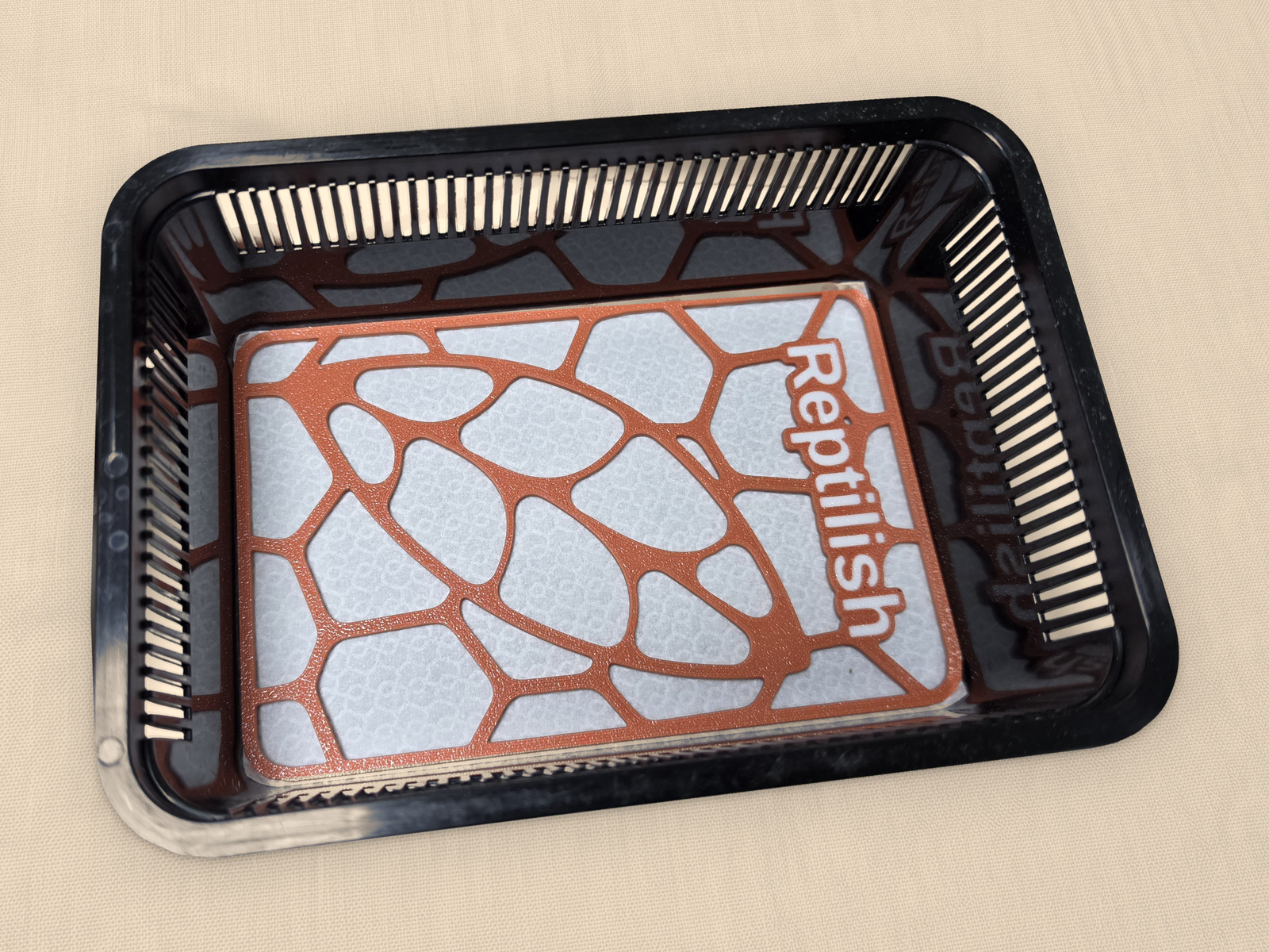 プラケースの床材の上にのせた、テラコッタの長方形Pebble Plate(名入れあり)